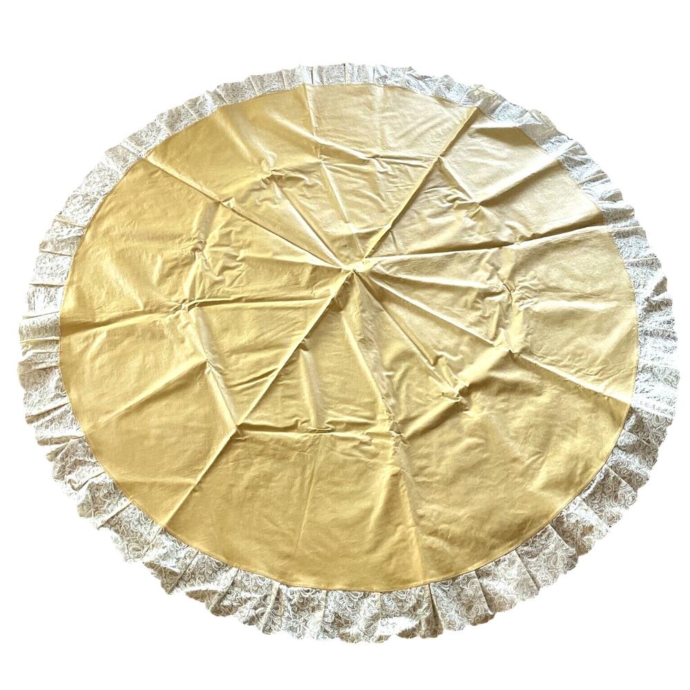 Mid Century Round Vinyl Tablecloth – Yellow w/ White Lace Trim 65” Patio Decor
